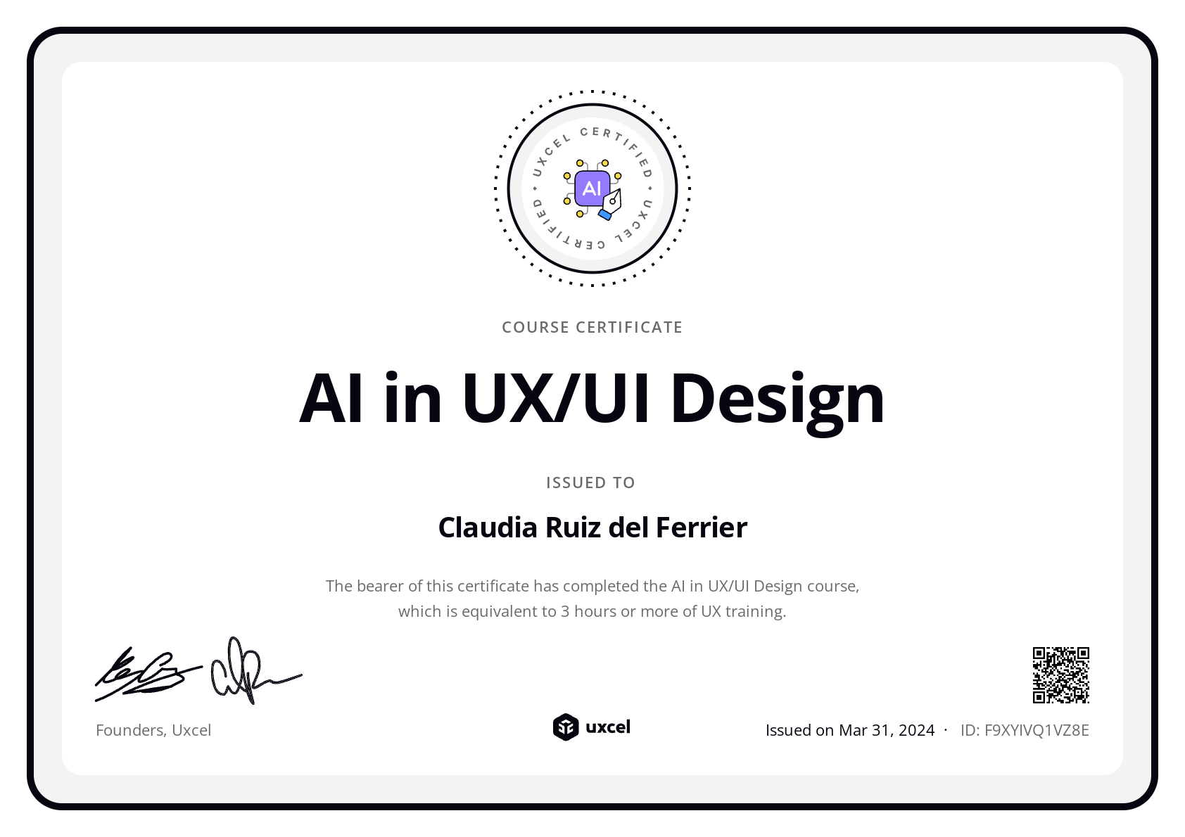 Claudia Ruiz del Ferrier's certificate